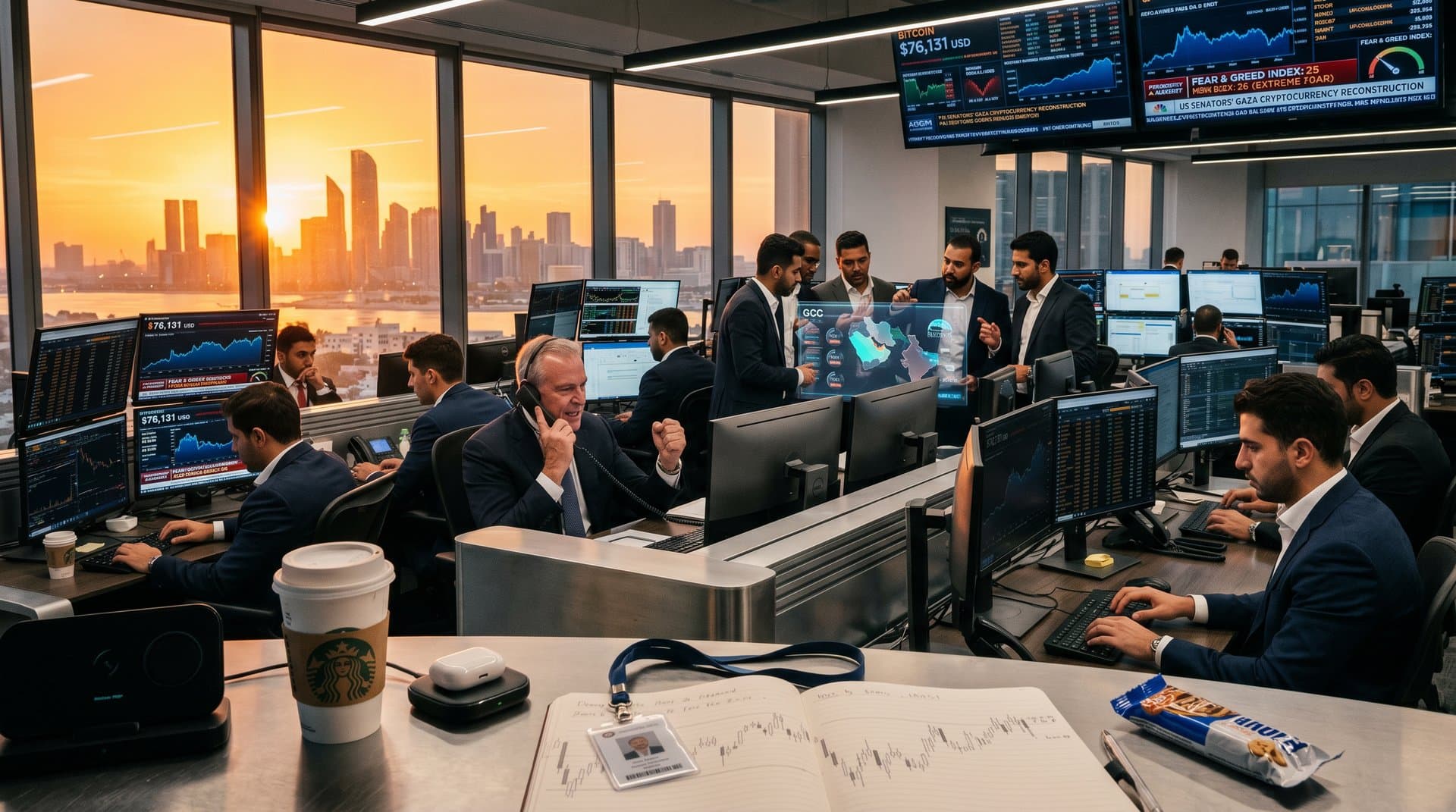 ADGM analysts review Gaza cryptocurrency reconstruction probe news and BTC charts on monitors with Abu Dhabi skyline