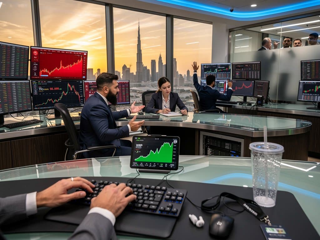 DIFC trading floor with monitors showing crypto dips, Fear Index 26, and Dubai skyline at dusk