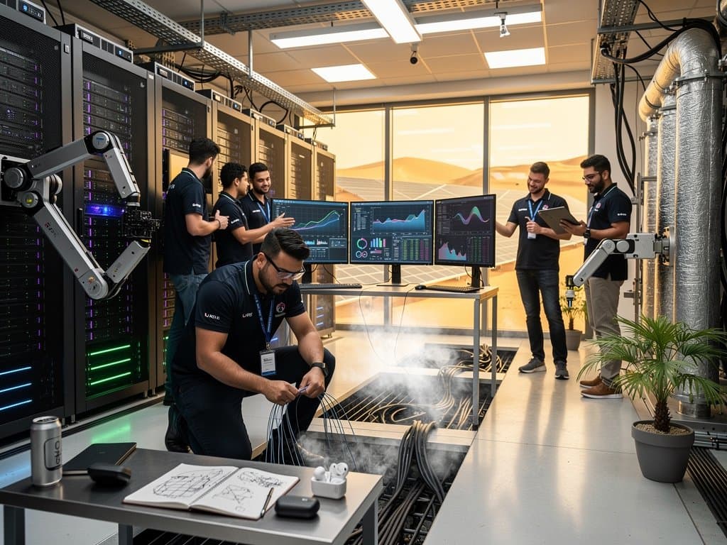 Glowing server racks and advanced cooling systems in a cutting-edge Abu Dhabi data center powering the Gulf AI boom