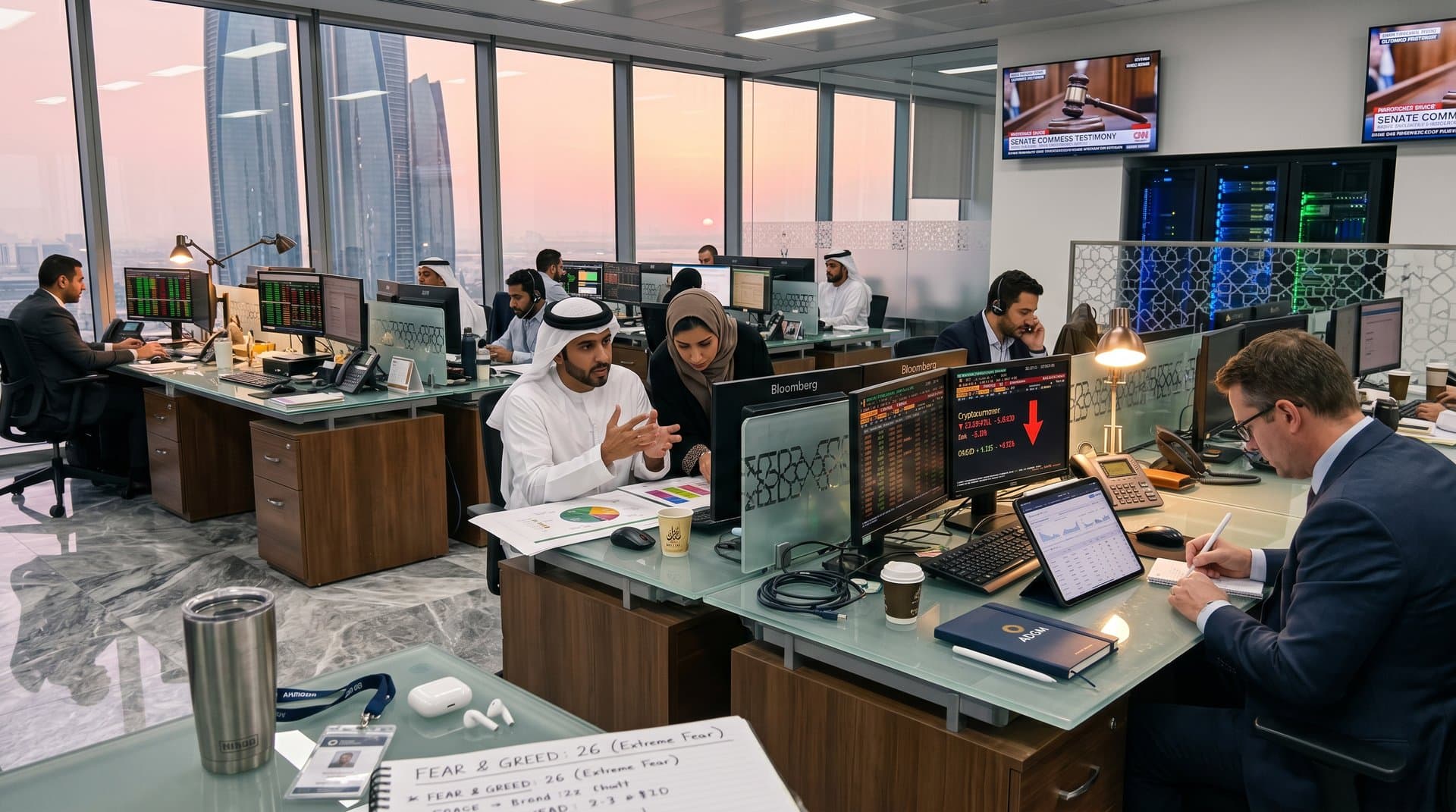Analysts at Mubadala trading floor desks monitor Bloomberg terminals with crypto price drops and US Senate Gaza probe headlines
