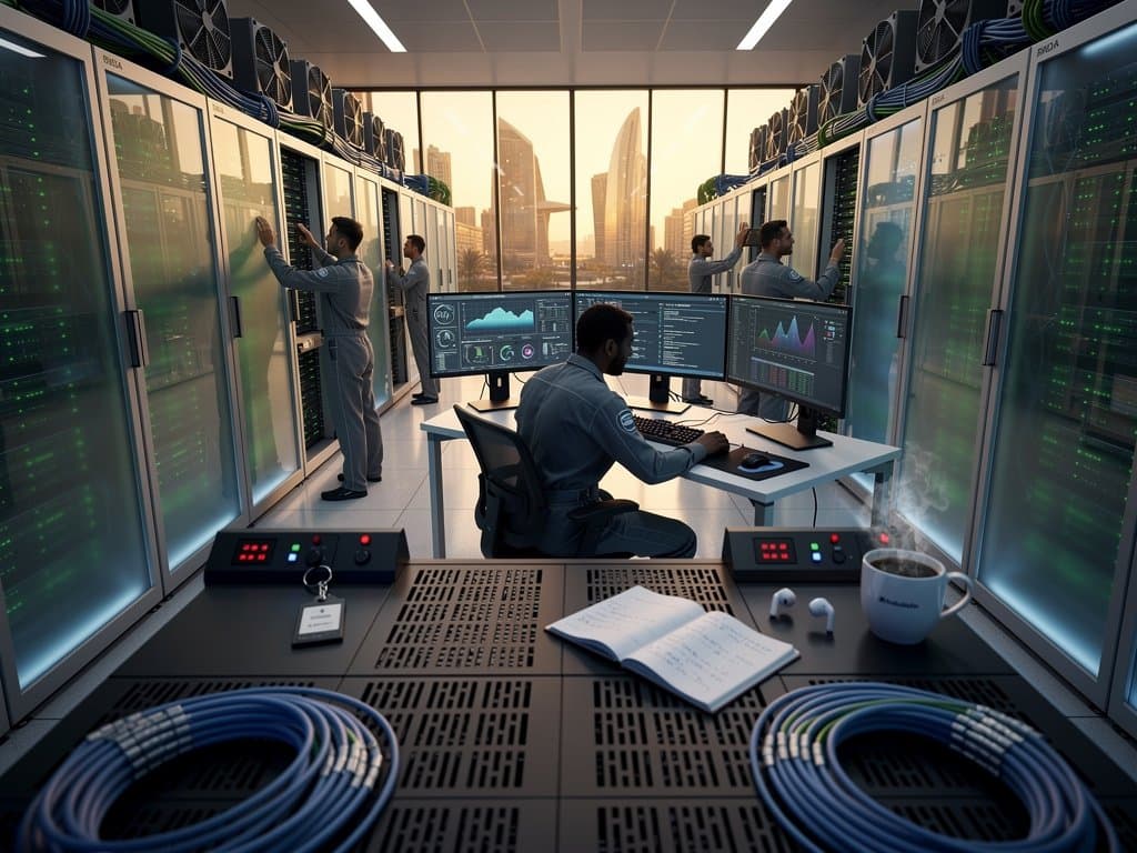 Technicians service GPU servers in G42 Abu Dhabi data center with Bloomberg terminals and Masdar skyline view