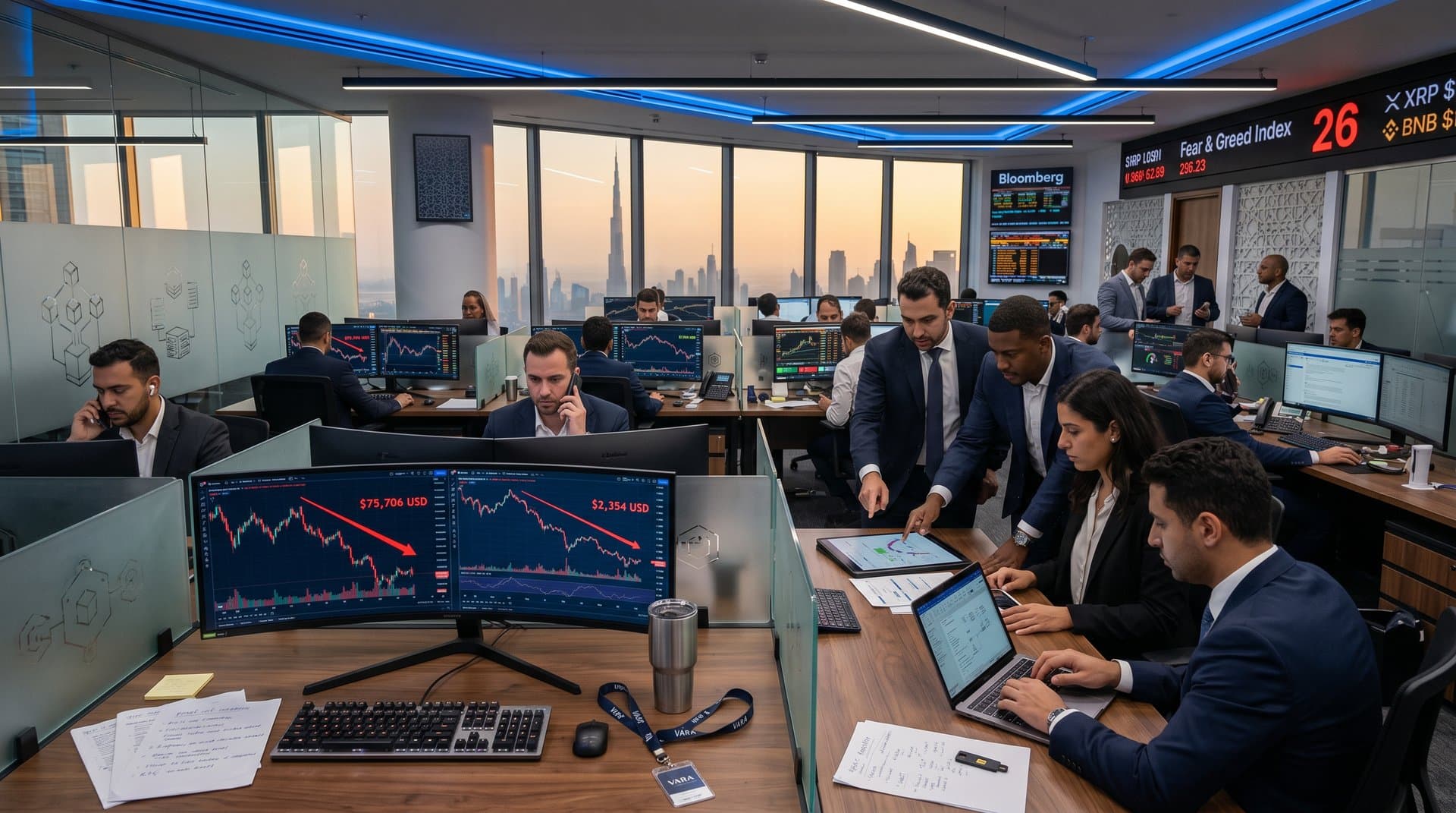 Traders at DIFC desks monitor crypto charts on multi-screens amid red BTC and ETH prices, Fear & Greed ticker visible in modern finance hub