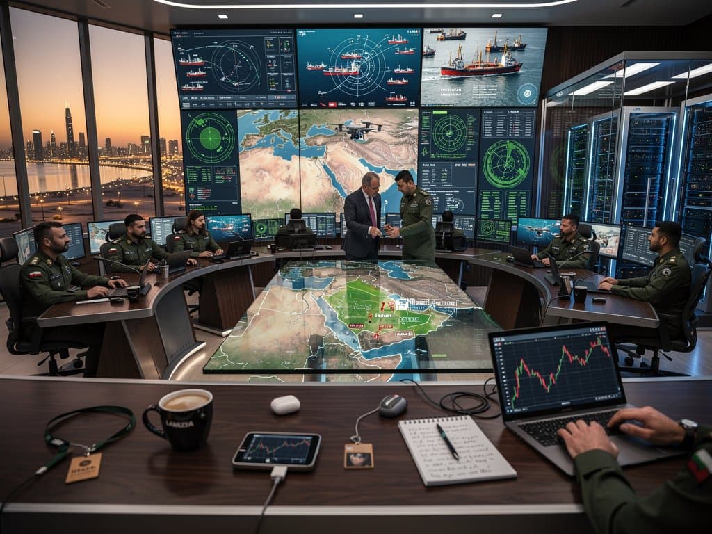 Engineers monitor AI drone feeds and Gulf maps in UAE defense command center