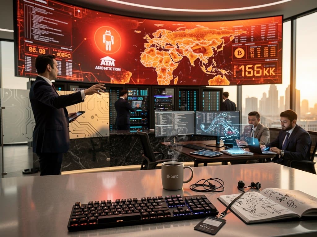 DIFC cybersecurity center with video wall alerting AI bot ATM threats, team monitors, and crypto tickers