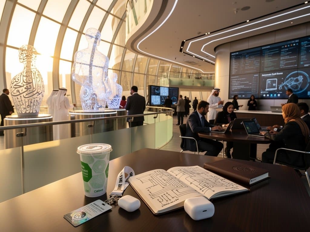 AI sculptures and holographic displays in Dubai Museum of the Future blending Arabic art and neural networks