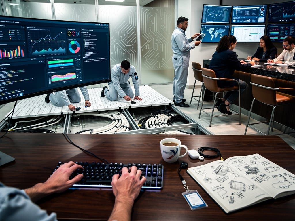Engineers inspect cooling systems amid GPU racks and AI monitoring screens in Abu Dhabi Tier IV data center