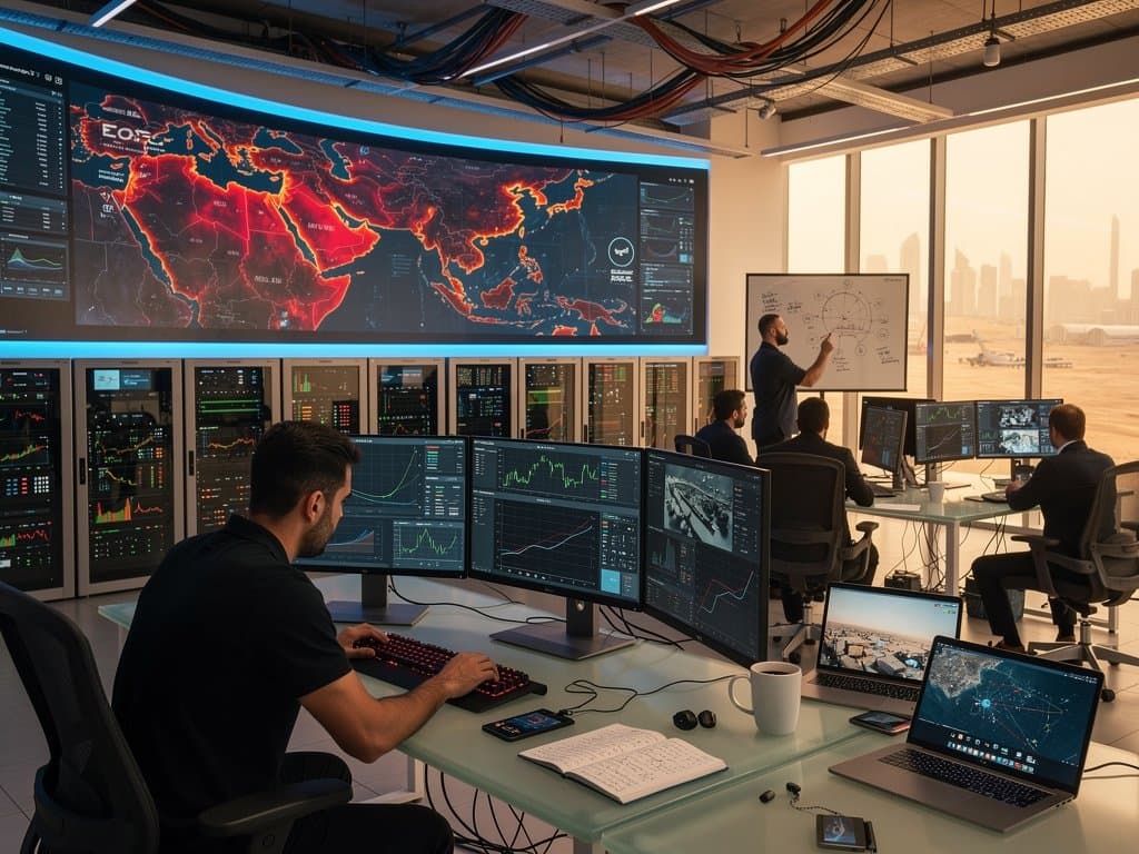 UAE defense operations center with AI maps of Iran strikes on video wall amid monitors and server racks