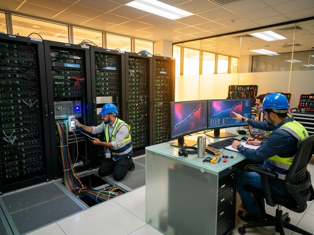 Engineers monitor AI token metrics in glowing Abu Dhabi data center server racks