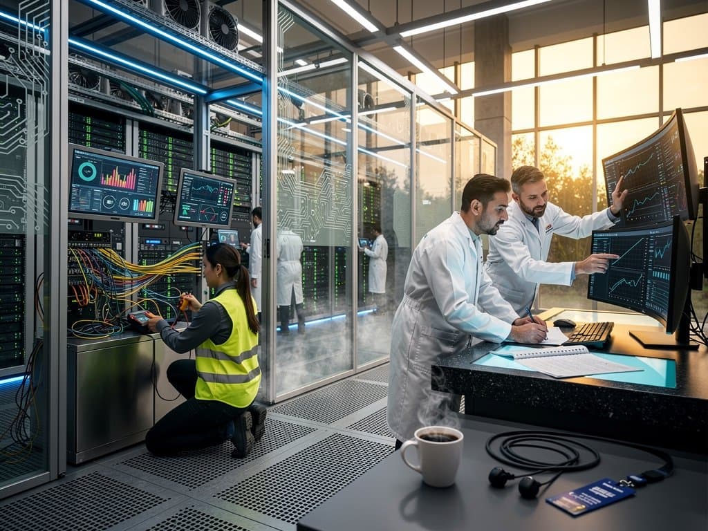 Engineers inspect servers and monitors in a bustling Tier IV data center with raised floors, glowing racks, and control consoles under LED lighting