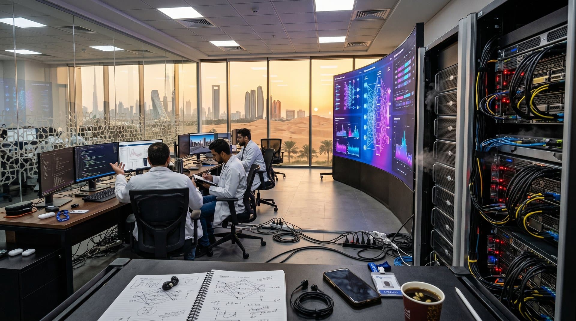 AI researchers analyze models on screens amid GPU servers in high-tech university lab with desert skyline view