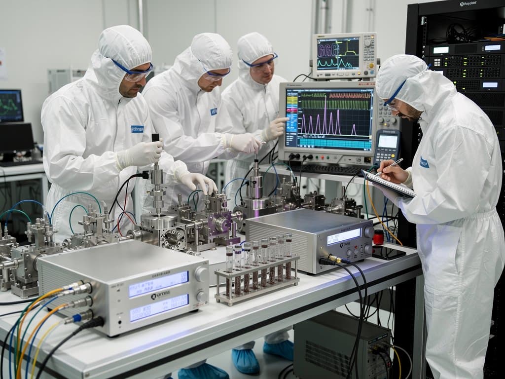 Tunable laser system and optical equipment in Dubai photonics cleanroom with DWDM spectrum display and Gulf skyline