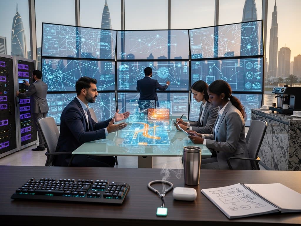 Glowing graph AI networks on monitors in Gulf energy command center with skyline view