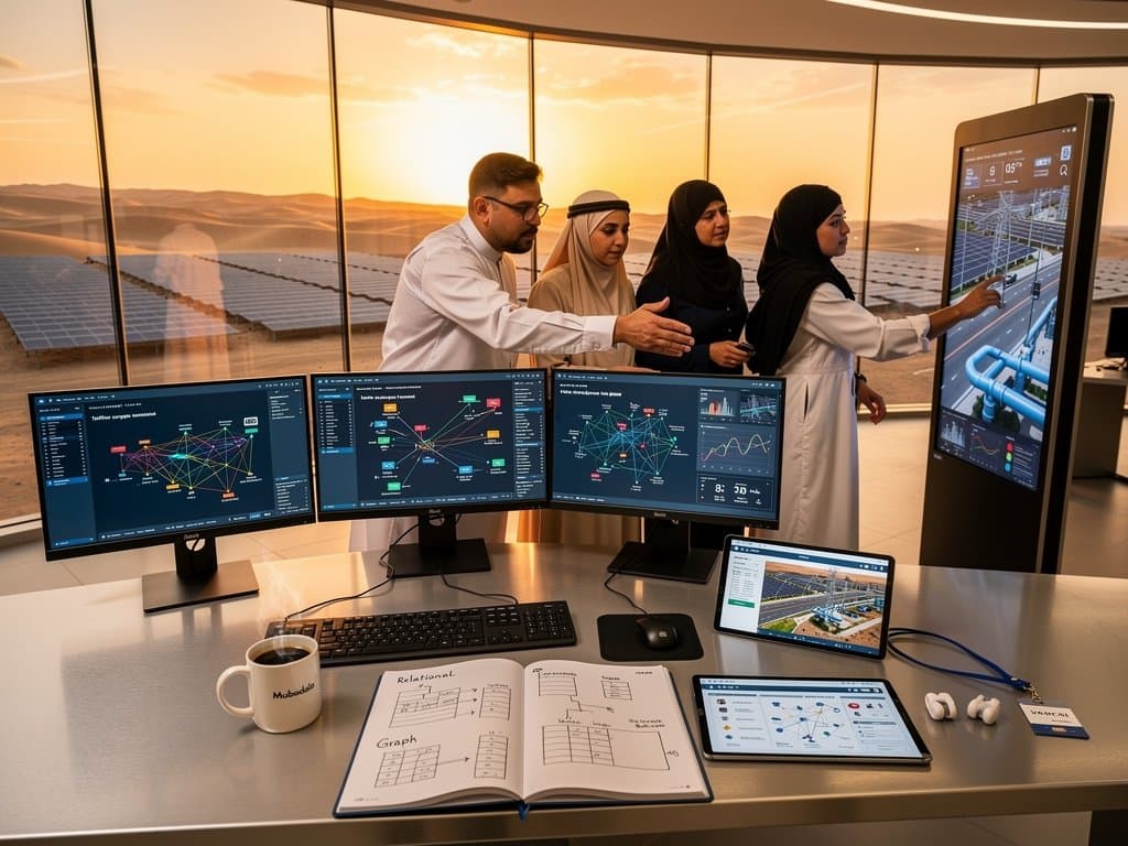 Graph database visualizations on screens in Masdar City AI center with smart city data flows