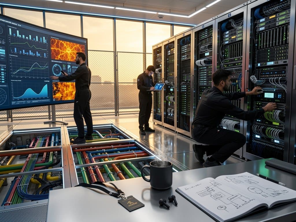 Server racks with Nvidia GPUs and Micron HBM in Dubai data center, monitors showing metrics, desert sunset view.