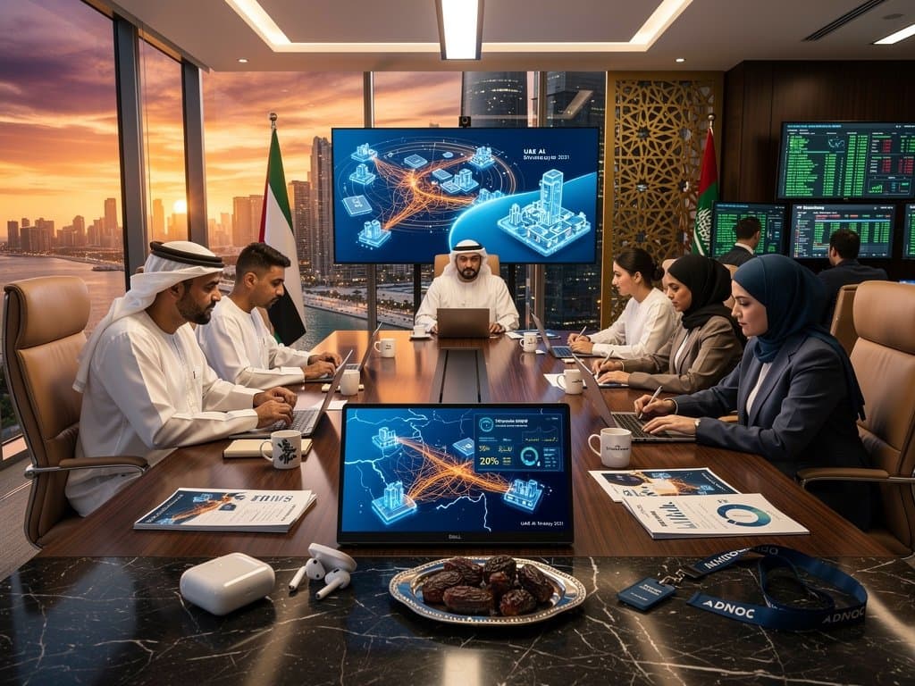 Executives analyze Neo4j graph databases for energy optimization in Abu Dhabi boardroom overlooking skyline
