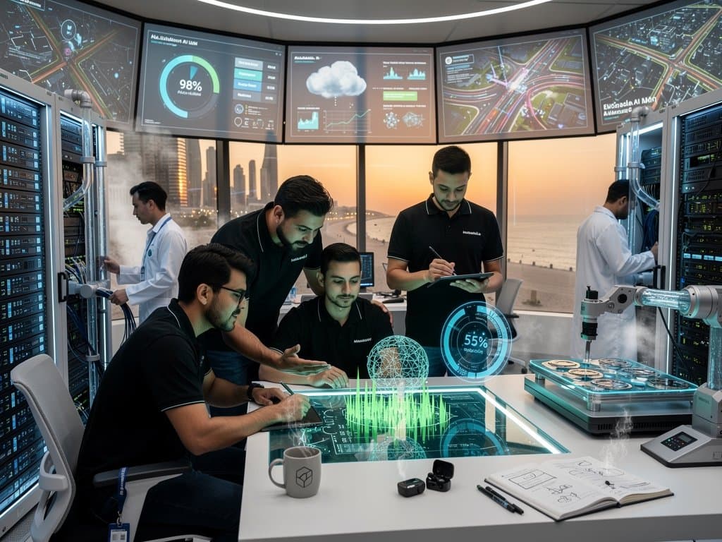 Engineers and analysts at Mubadala AI lab workstations with GPU racks, monitors showing training dashboards, and skyline views through glass walls