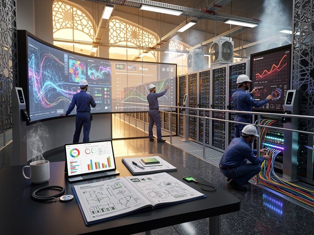 Engineers monitor AI GPU racks and dashboards in G42's Abu Dhabi Tier IV data center with glowing servers and fiber cables