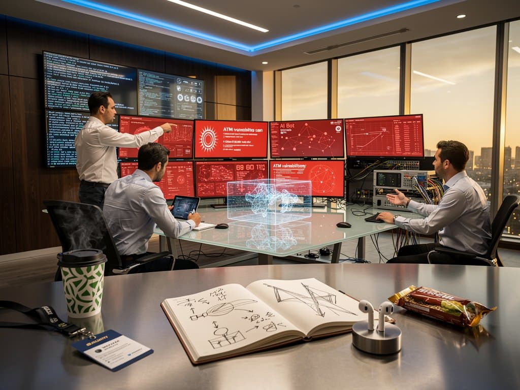 DIFC cybersecurity center screens show AI bot alerts on Gulf ATM networks with Burj Khalifa skyline and server racks