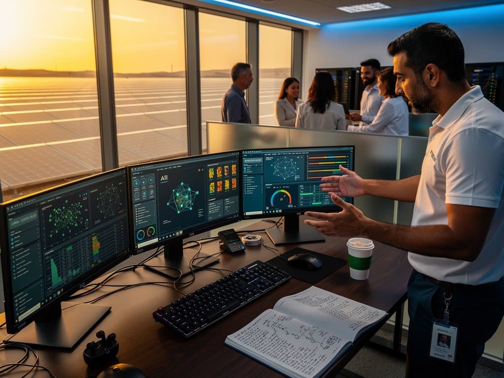 Engineers analyze AI dashboards on multi-monitors in Mubadala's premium Abu Dhabi data center control room amid glowing server racks
