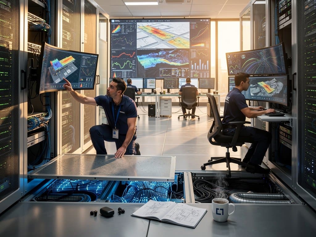 Engineer inspects raised floor cables amid glowing servers and AI energy screens in ADNOC's premium data center with analysts at consoles