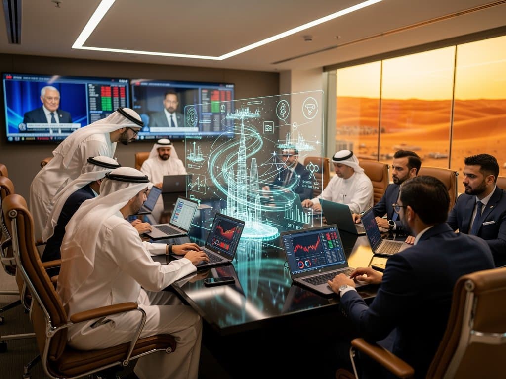 Riyadh PIF boardroom shows AI 2026 US Midterms forecasts, $40B energy models, crypto charts on advanced screens