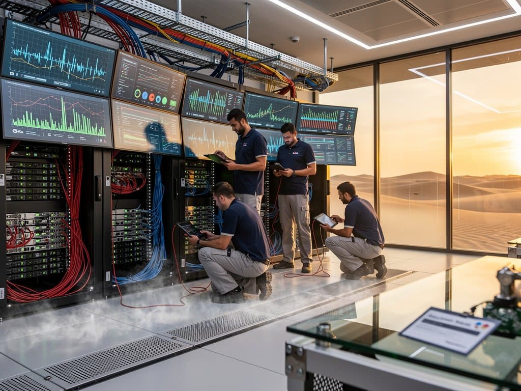 Glowing server racks and cooling systems in vast Google Cloud data center with desert sunset view through glass wall