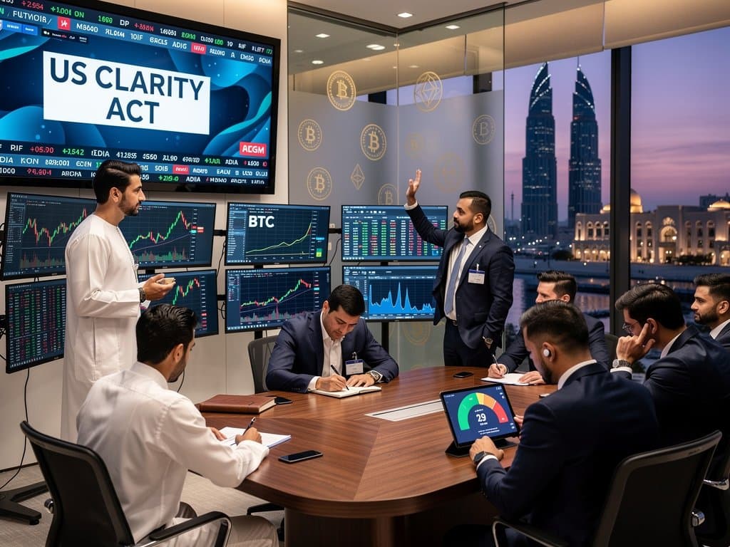 Abu Dhabi trading floor with crypto charts, CLARITY Act headlines, and skyline view