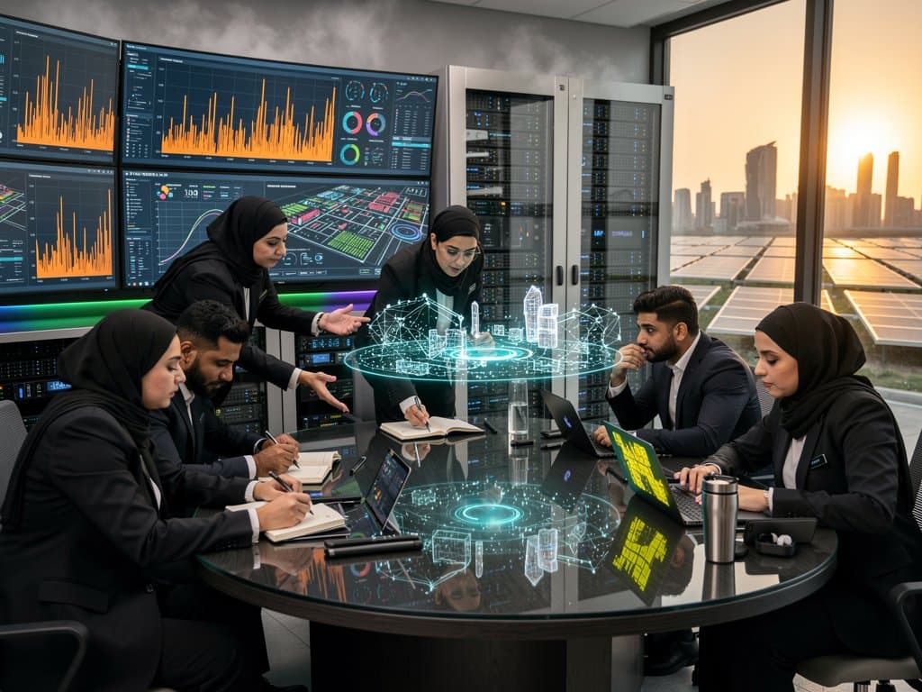 Engineers monitor AI dashboards and 3D smart city models in Abu Dhabi operations center with desert skyline