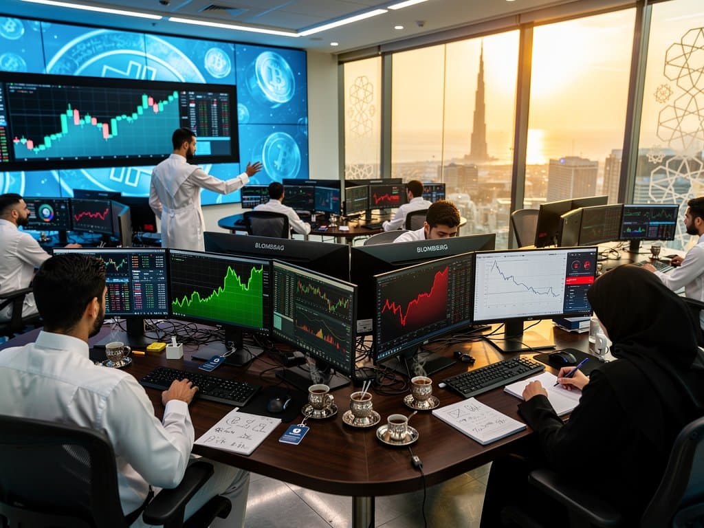 Gulf investors analyze crypto charts on trading floor with XRP at $1.41 USD and Fear & Greed at 29