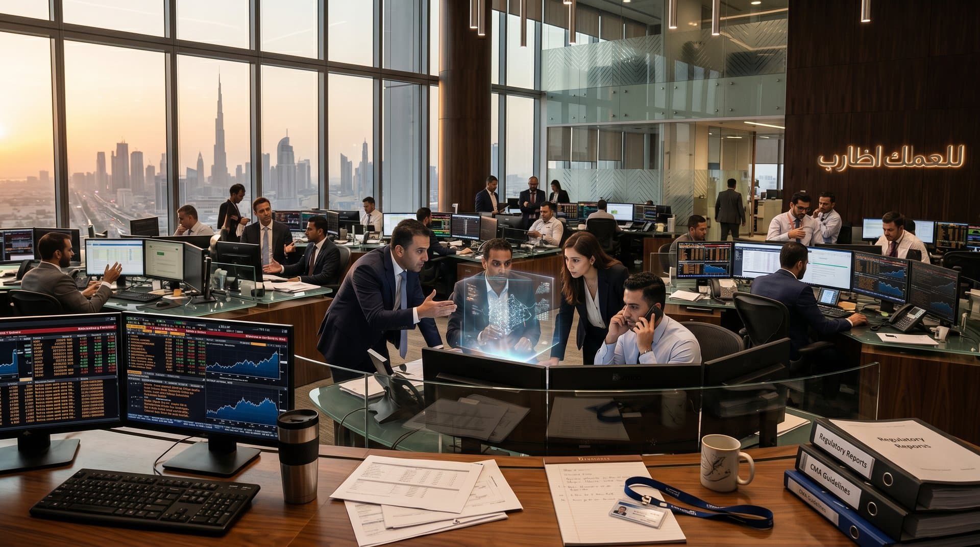 Traders monitor crypto charts on multi-screen Bloomberg terminals at DIFC trading floor amid Dubai skyline view