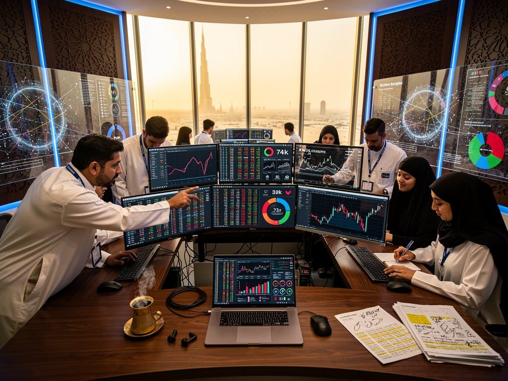 Gulf trading floor monitors crypto market downturn from Kelp DAO hack with DeFi charts and Fear & Greed Index