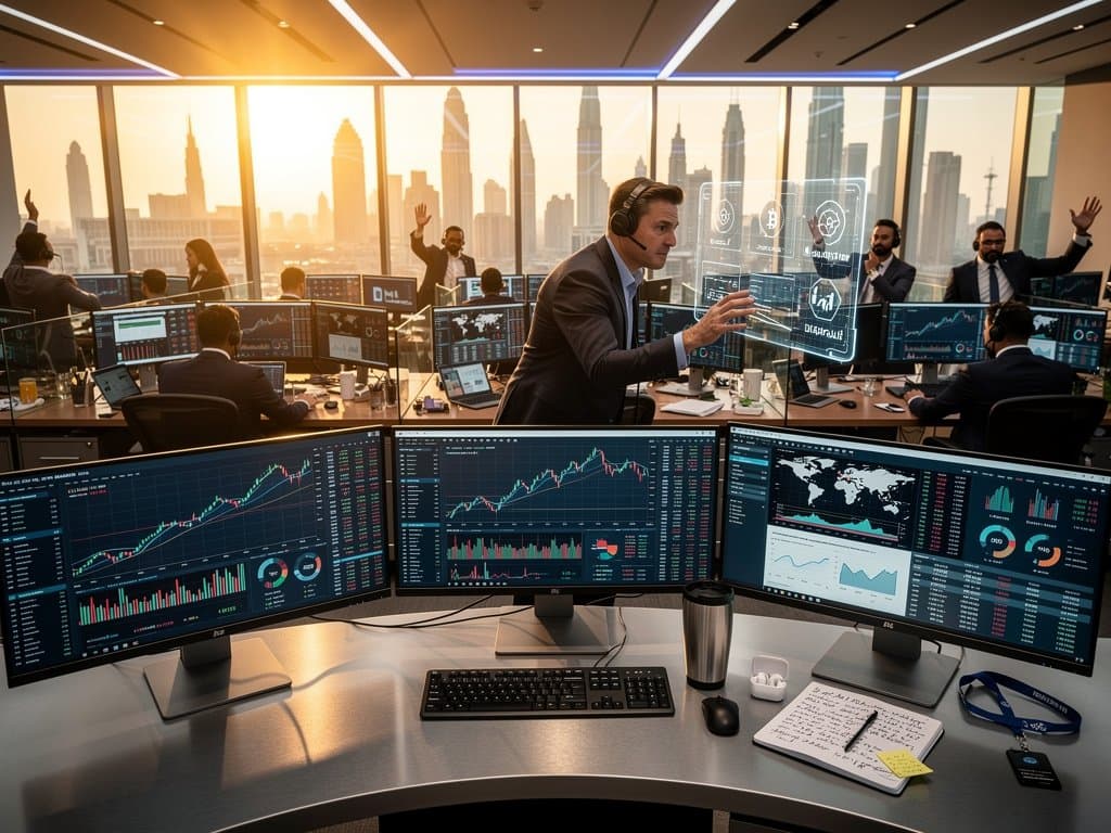 Traders analyze Bitcoin at $74K charts and Gulf crypto regulations on screens in high-tech financial trading floor