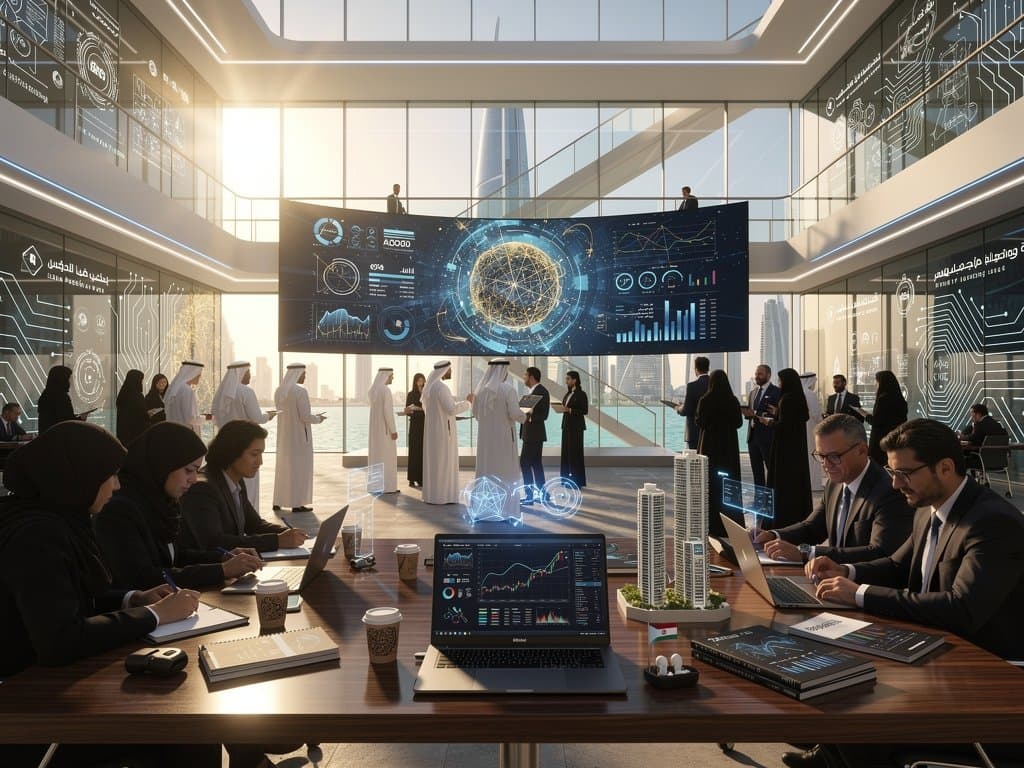ADGM professionals analyze Forbes 2026 AI 50 List and Gulf AI investments on screens in modern atrium