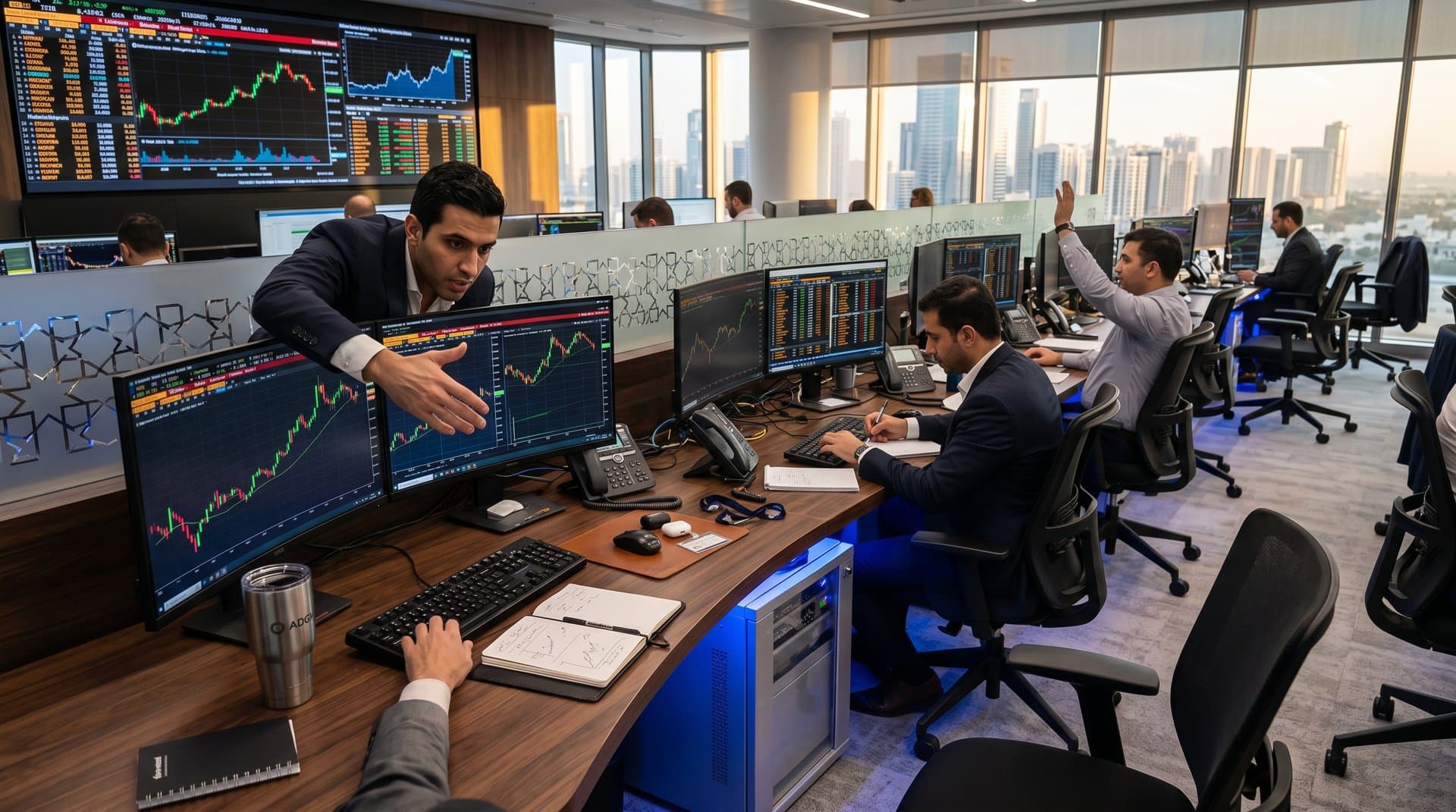 Abu Dhabi trading floor with crypto charts on monitors and skyline view