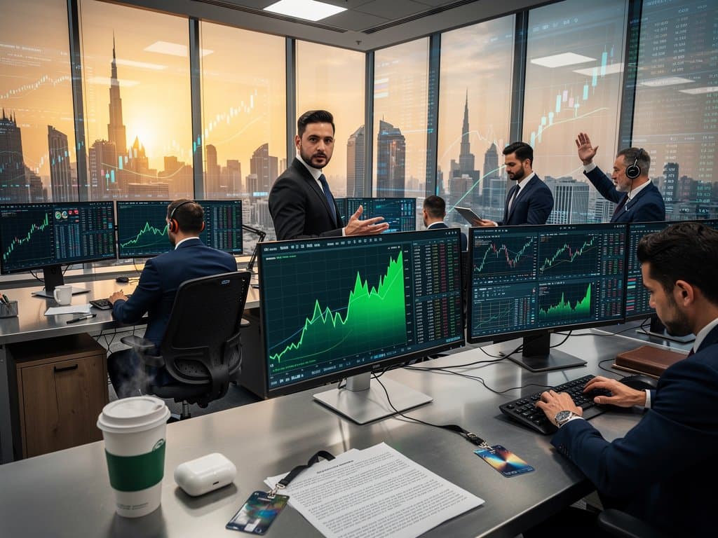 Analysts on DIFC trading floor analyze BNB and Bitcoin charts amid Gulf skyline