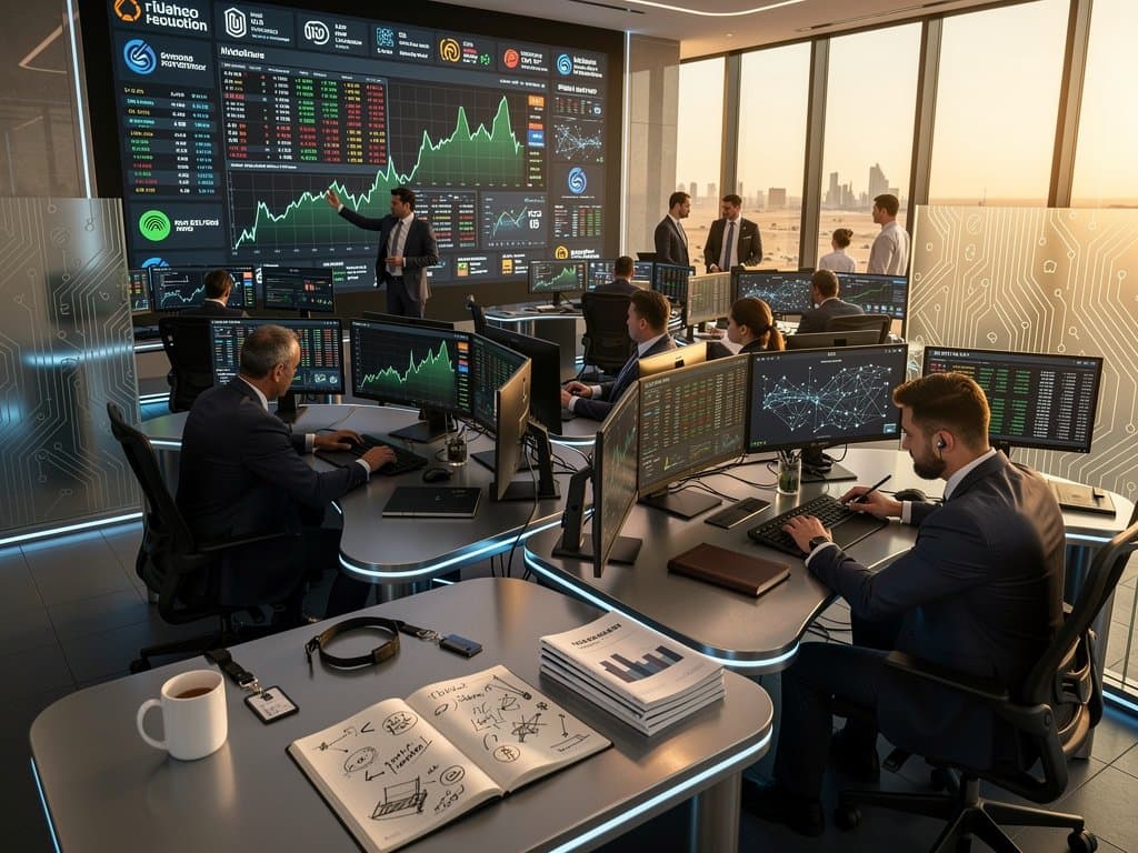 Trading floor monitors display XRP at $1.41 USD and Gulf energy blockchain dashboards in Abu Dhabi HQ
