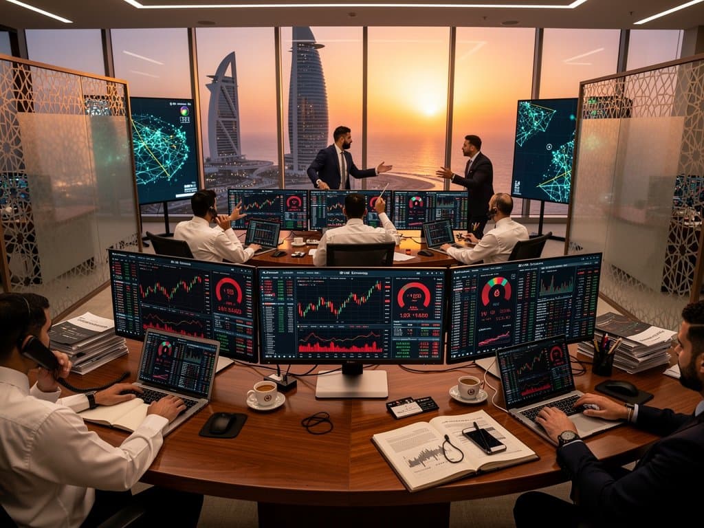 Abu Dhabi trading floor with Bloomberg terminals showing BTC at $75K, Fear & Greed 29, skyline view