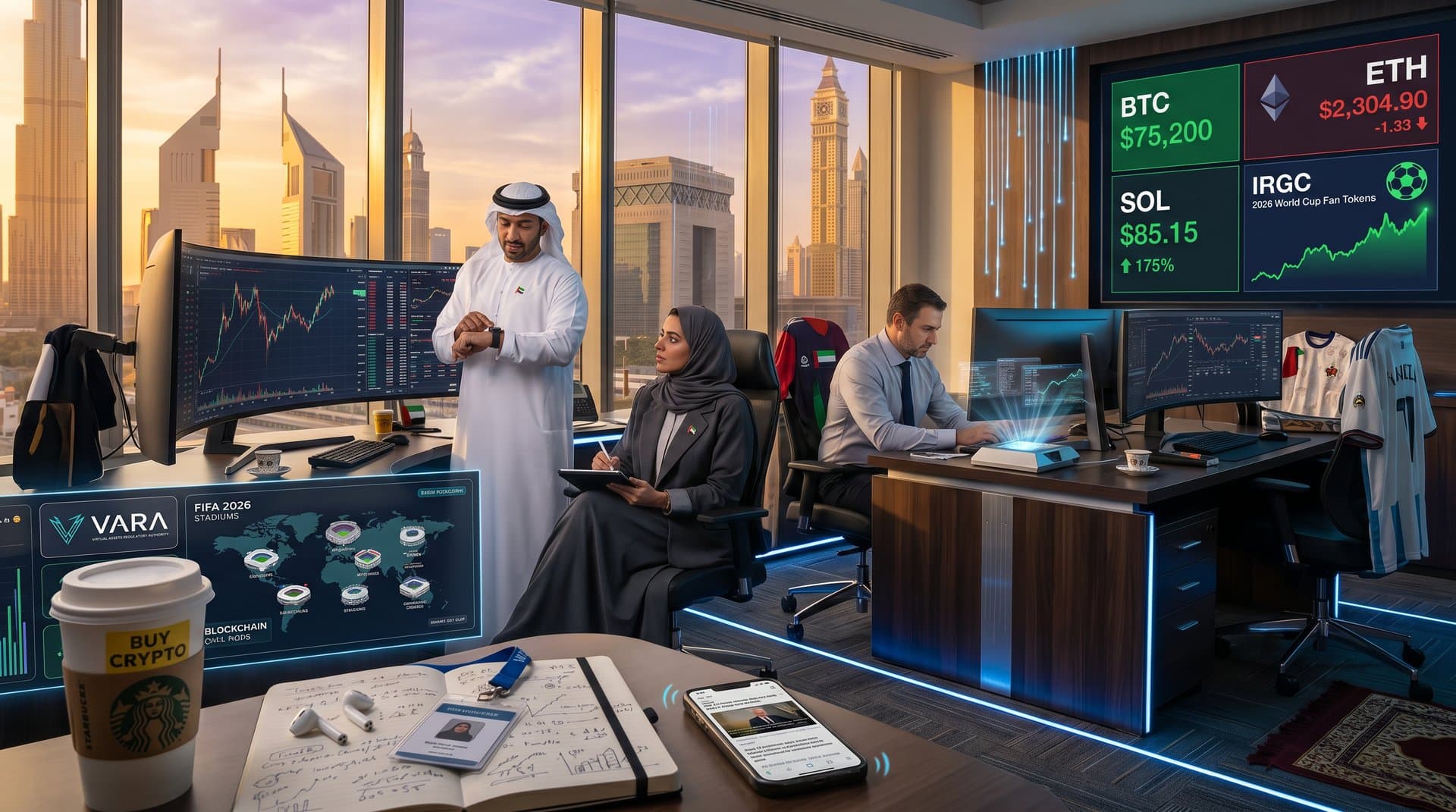 Traders at DIFC desks with Bloomberg screens showing BTC prices and World Cup schedules amid Gulf skyline views