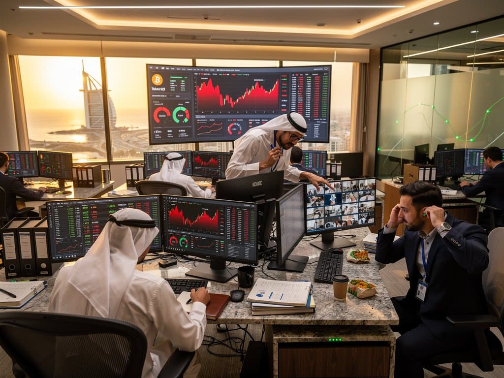 DIFC trading floor desks with multi-monitors showing crypto charts and Gulf skyline