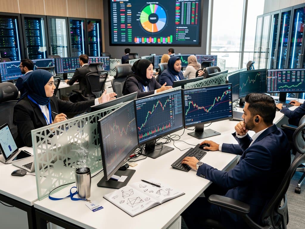 Analysts at DIFC trading desks scrutinize BNB and Bitcoin charts on Bloomberg terminals amid Dubai skyline view