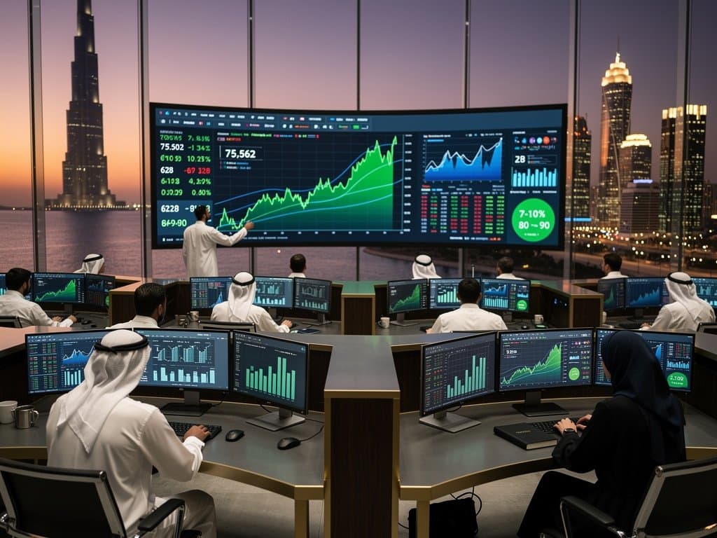 Gulf fund trading floor with monitors showing BNB outperforming Bitcoin charts against skyline view