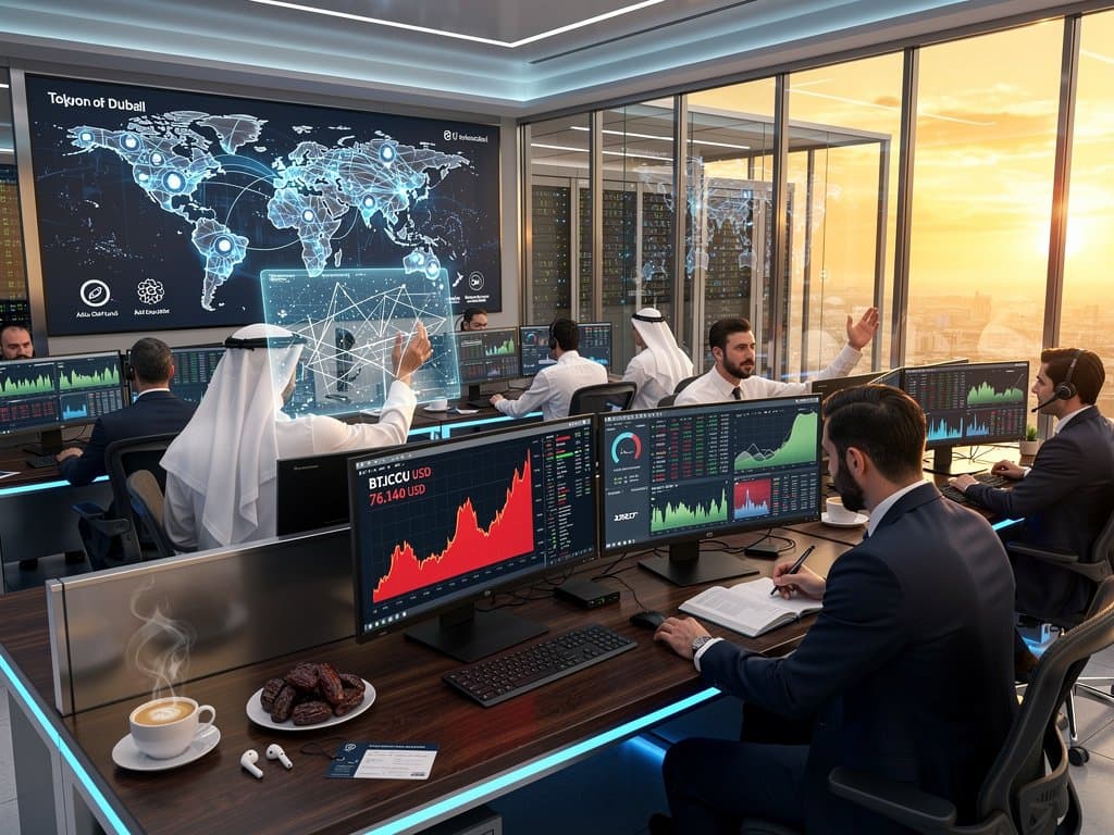 Abu Dhabi trading desks with Bitcoin $76K charts, Fear Index on Bloomberg terminals in modern Gulf finance hub