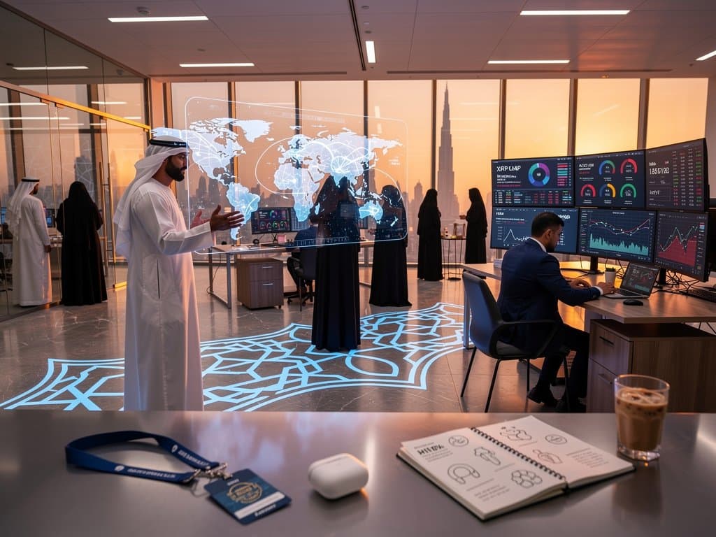 Abstract DIFC trading floor monitors XRP and Bitcoin charts amid Gulf fintech diversification visuals