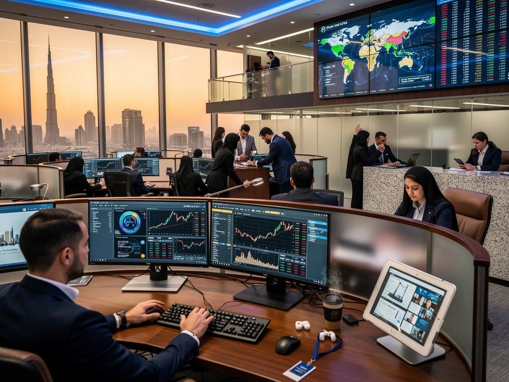 Traders at DIFC FinTech Hive desks with Bloomberg screens showing USDT charts, Gulf skyline through windows, analysts reviewing data