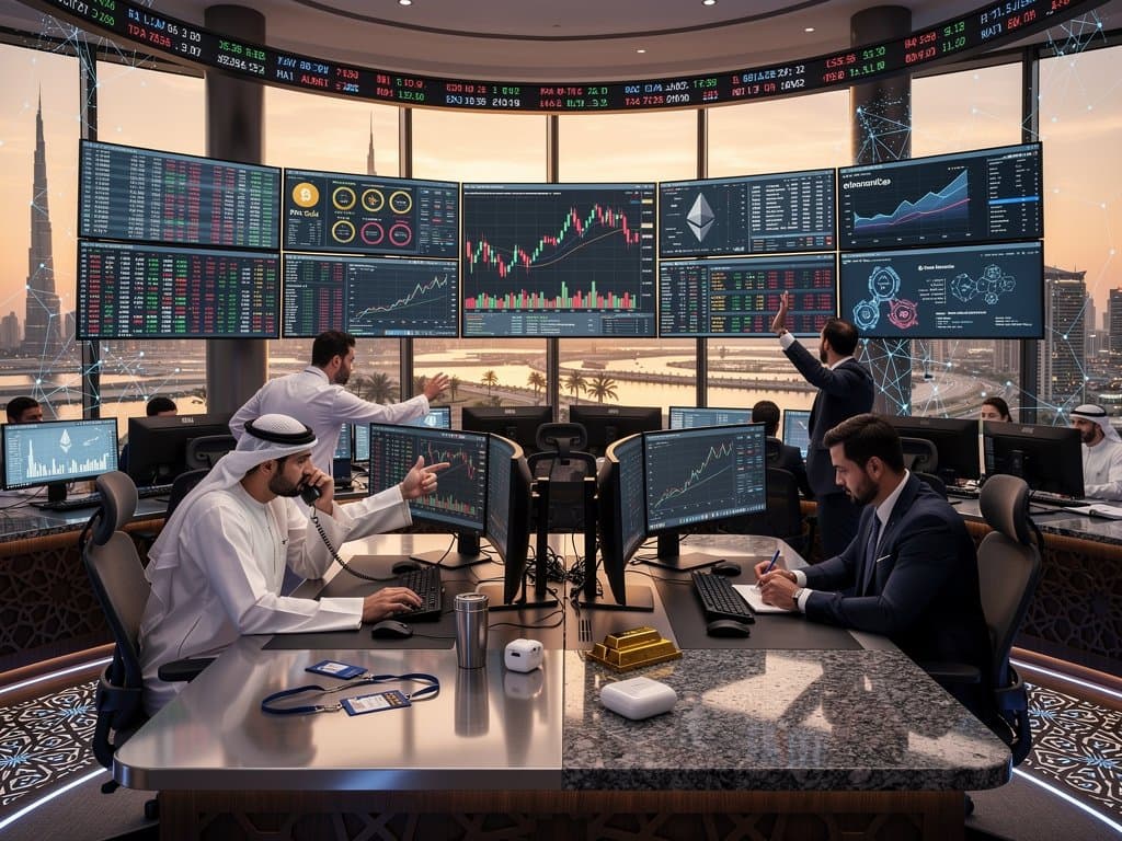 UAE trading floor screens show gold-backed crypto charts, BTC prices, and oil data against Gulf skyline with server infrastructure