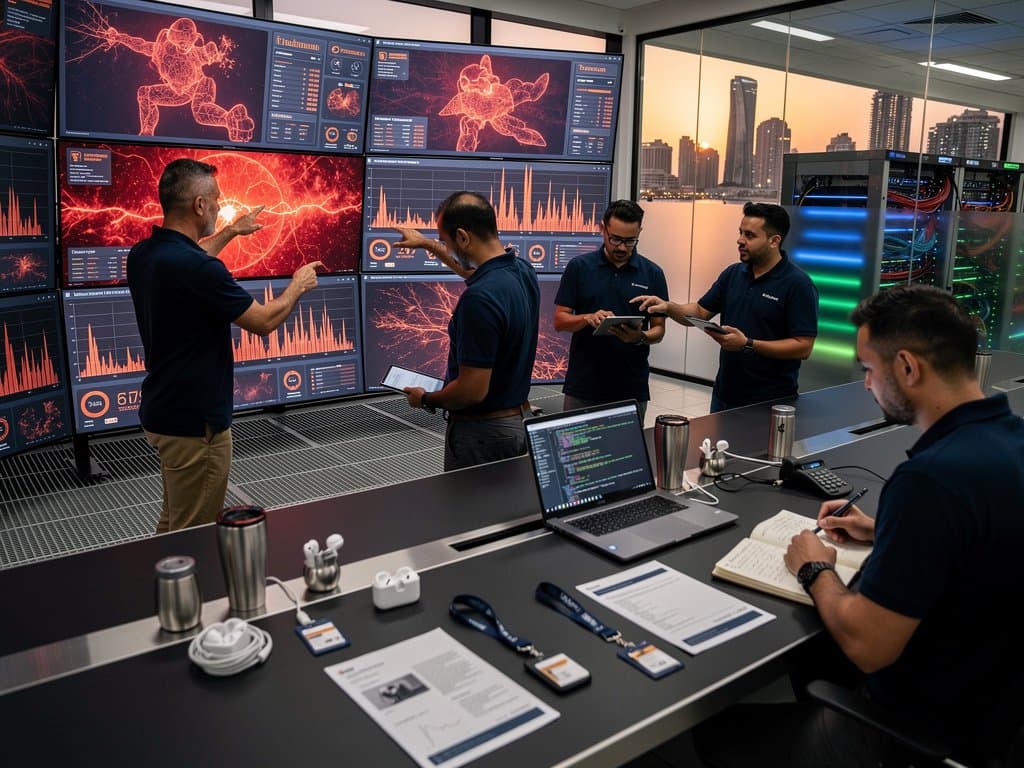 Engineers monitor glowing server metrics on multi-screen consoles in AWS Bahrain data center control room overlooking bay skyline