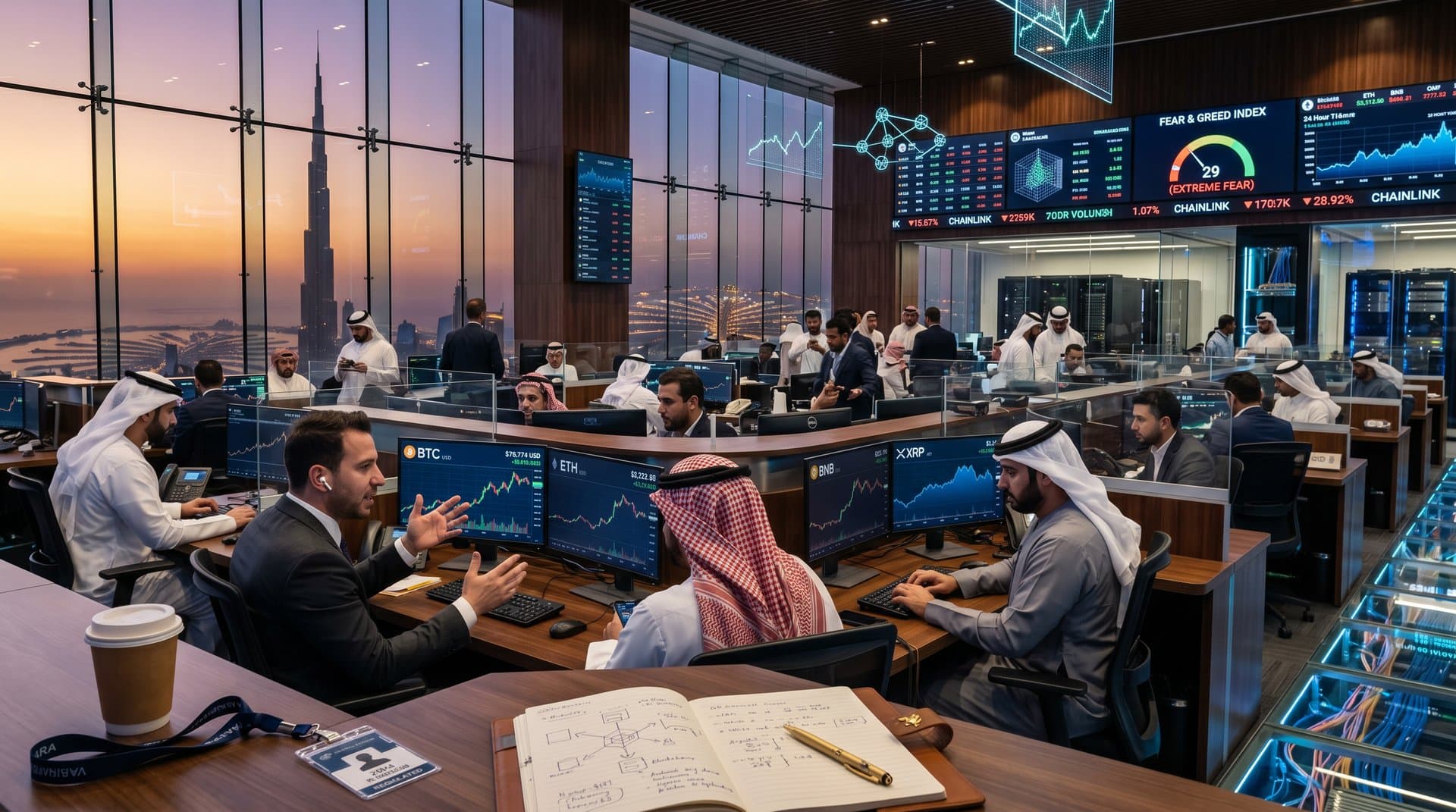 Futuristic Dubai trading floor screens showing BTC cryptocurrency derivatives and spot alignment with Burj Khalifa skyline