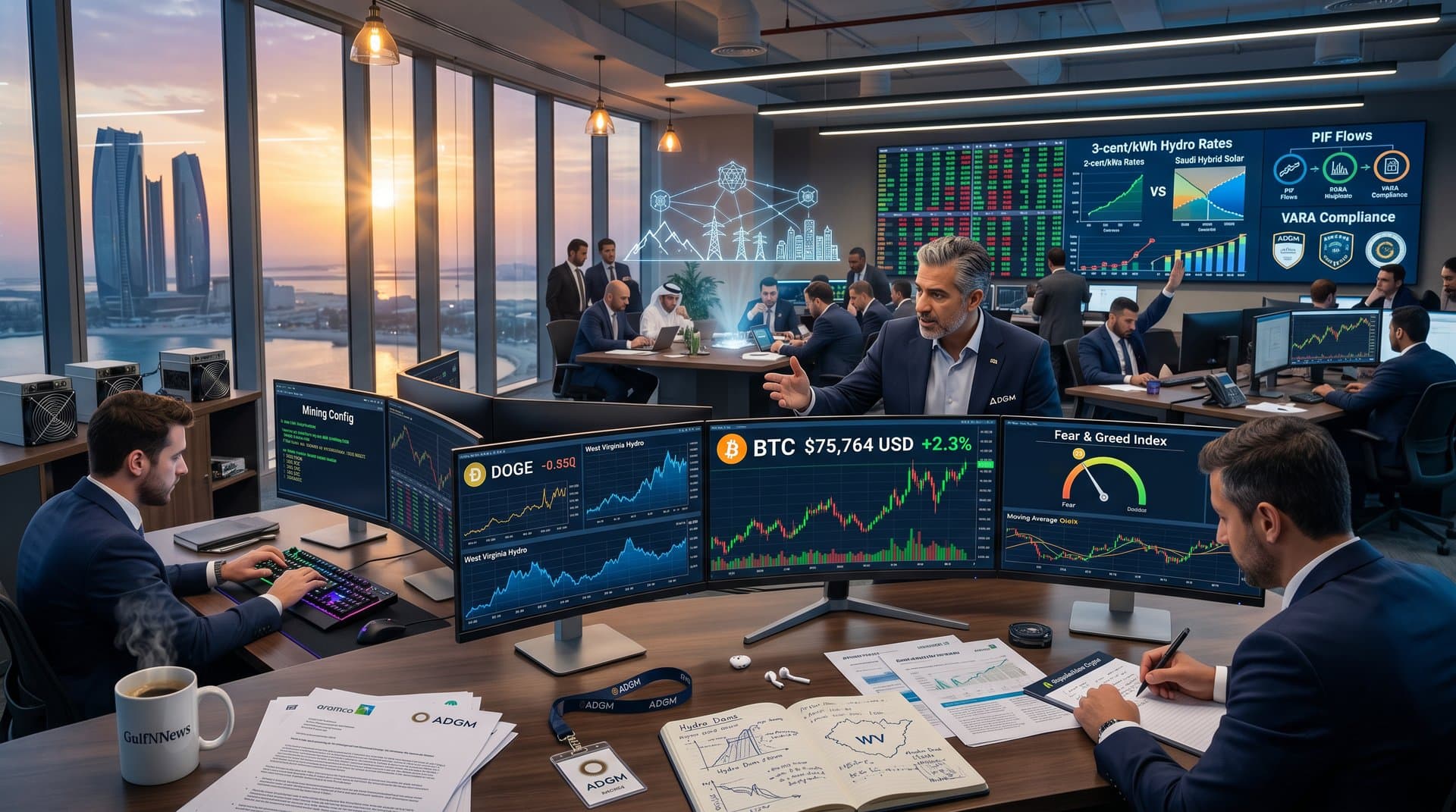 Abu Dhabi trading room screens showing BTC at $75,764, Dogecoin charts, Fear & Greed at 33, and Gulf energy mining data against skyline