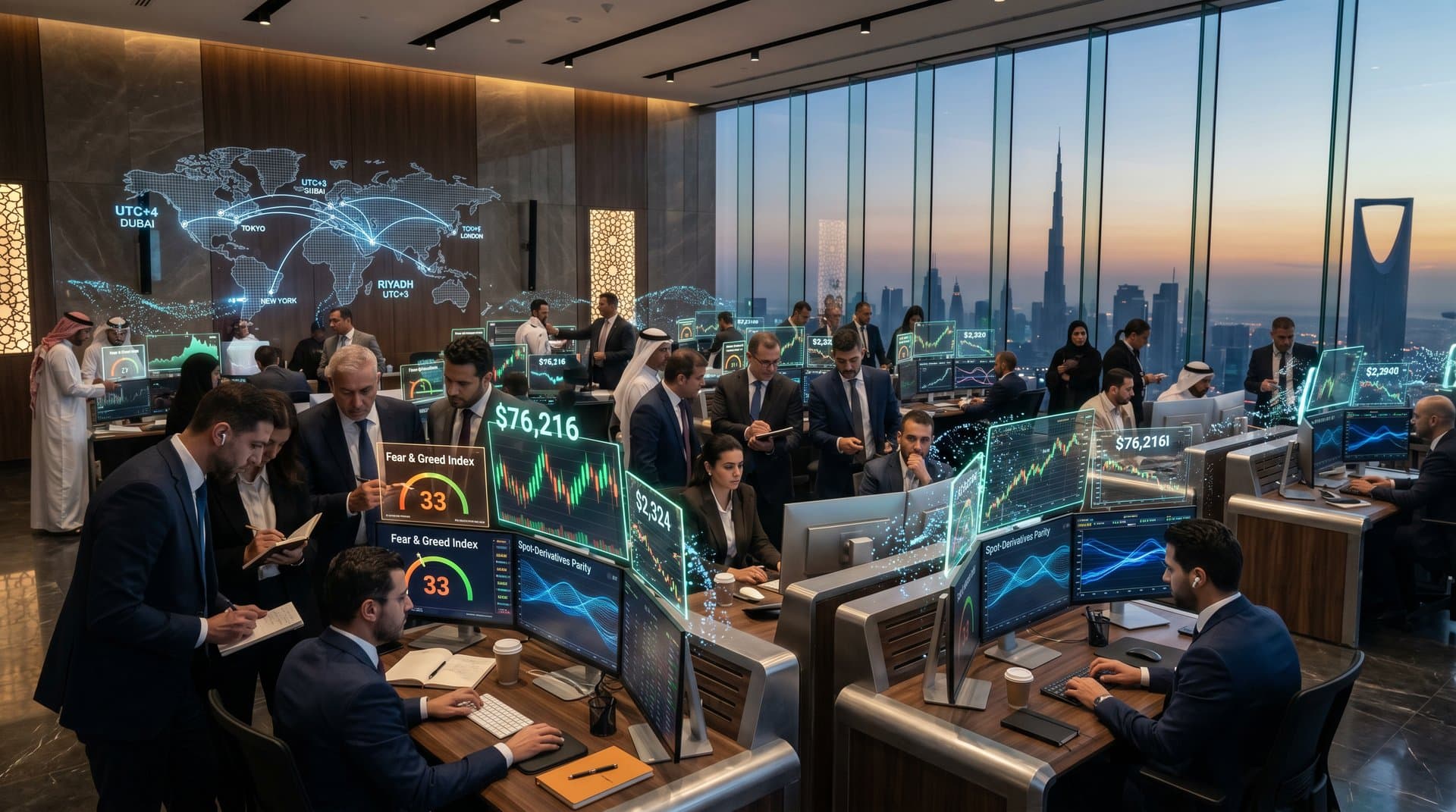 Futuristic Dubai-Riyadh trading hub screens showing BTC $76,216 charts, Fear & Greed 33, 24/7 time zones against skyline