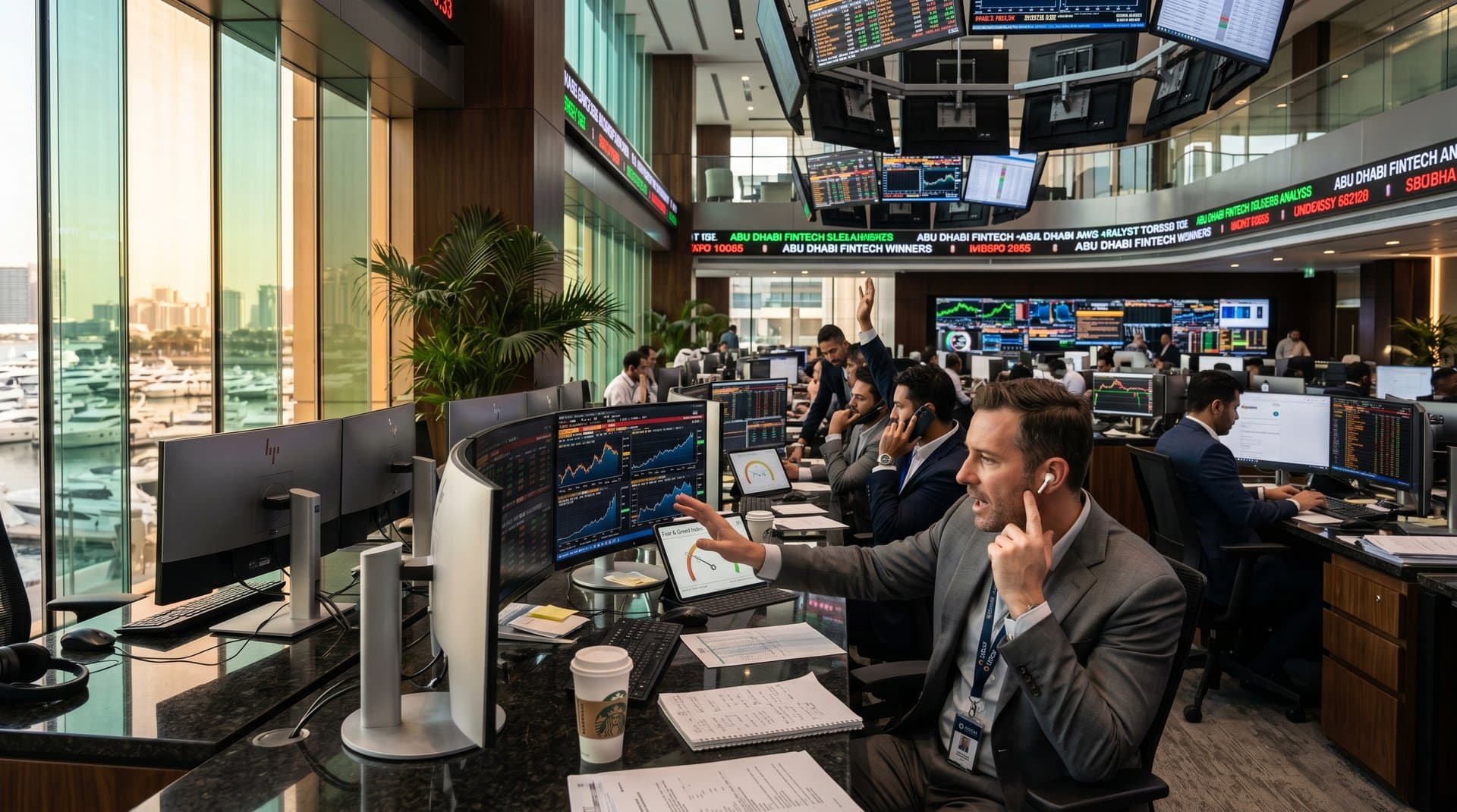 ADGM trading desks with screens showing BTC $75,802, gold charts, Fear Index 33, marina backdrop